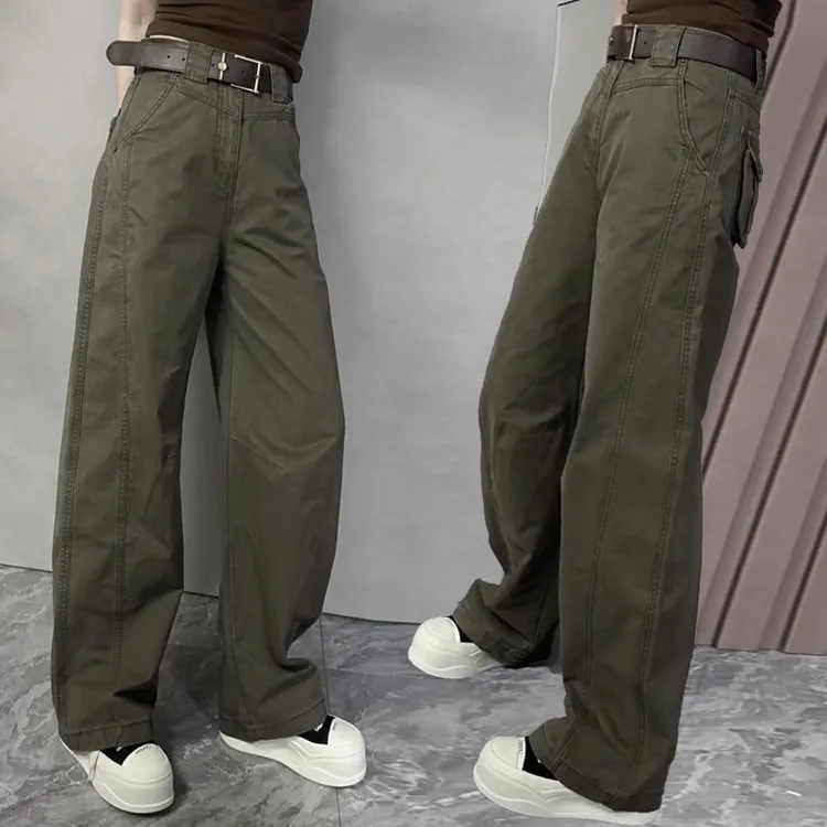 拉夏贝尔美式复古高腰宽松显瘦阔腿工装裤女2025年秋季新款长裤子