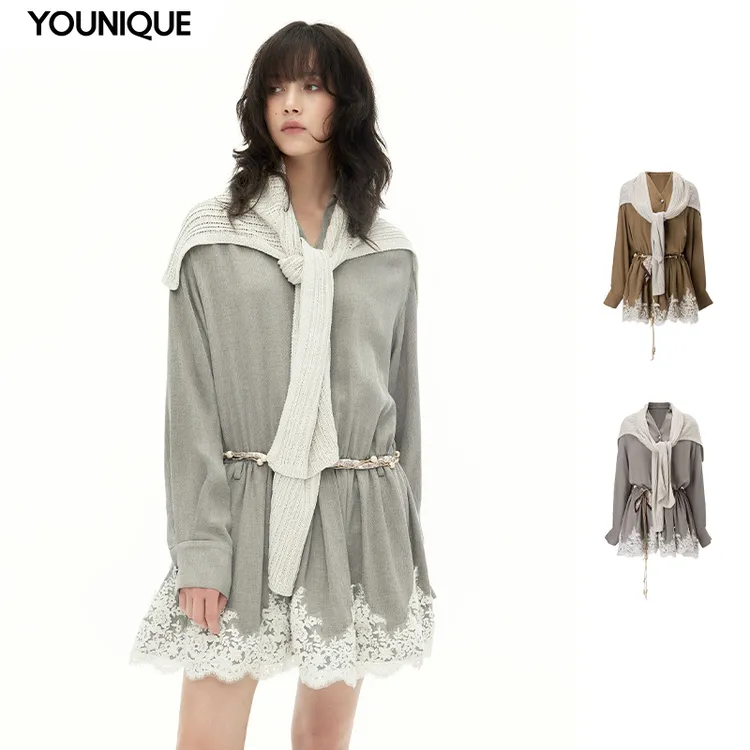 【MONSTERMING】新品25秋冬蕾丝拼接衬衣裙连衣裙女