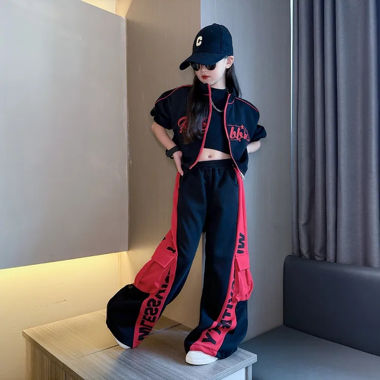 女童酷飒风撞色休闲裤2025秋款中大童潮搭爵士街舞短款外套两件套