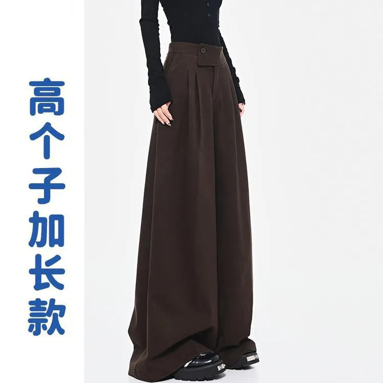 高个子175加长新款咖色加厚毛呢西装裤女美拉德风斜扣设计阔腿裤