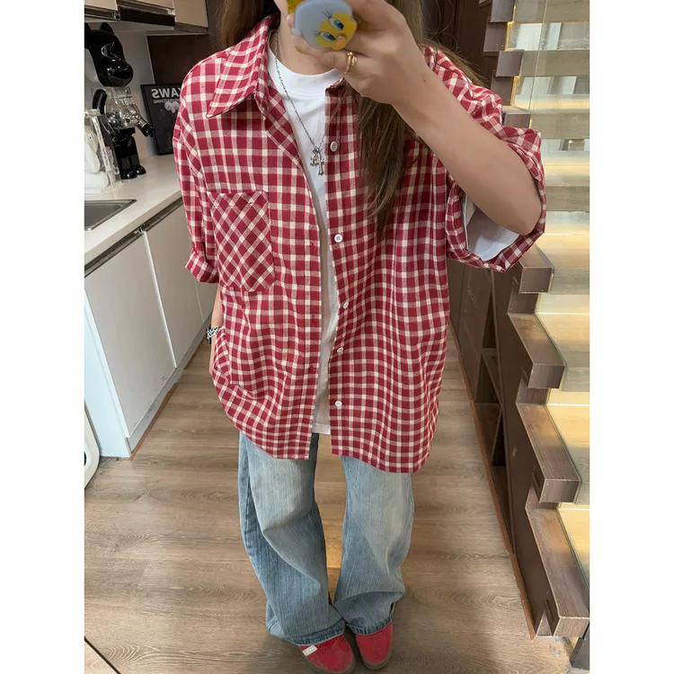 酒红色格子衬衫男女情侣日系复古潮牌早秋慵懒风宽松长袖衬衣外套