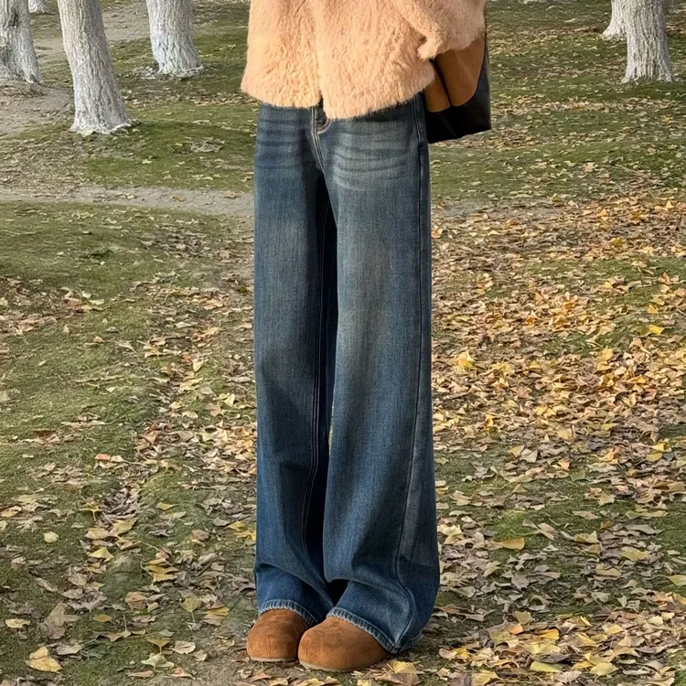 宿慕/SUMU简约百搭加绒加厚阔腿牛仔裤显瘦宽松冬季牛仔长裤33073