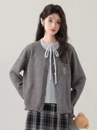 新款假两件针织衫女懒气质圆领短款系带开衫上衣H837