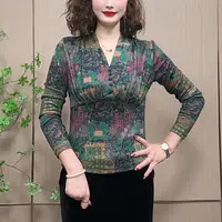 时尚复古花色V领长袖T恤拼接设计气质女人味妈妈装显瘦洋气打底衫