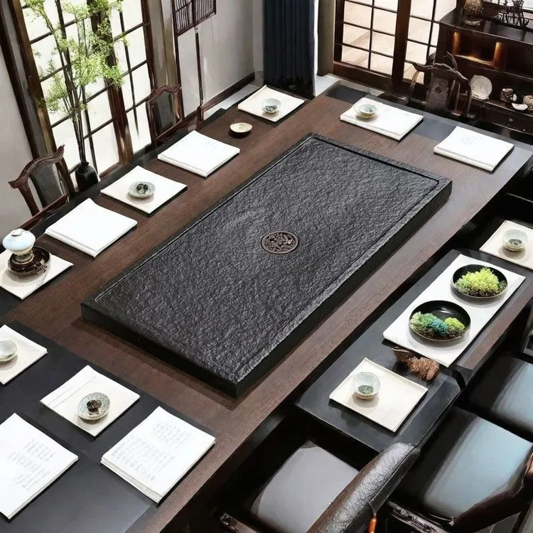 新中式天然整板石茶盘国风厂家直销大小号家用石头茶台排水纯天然