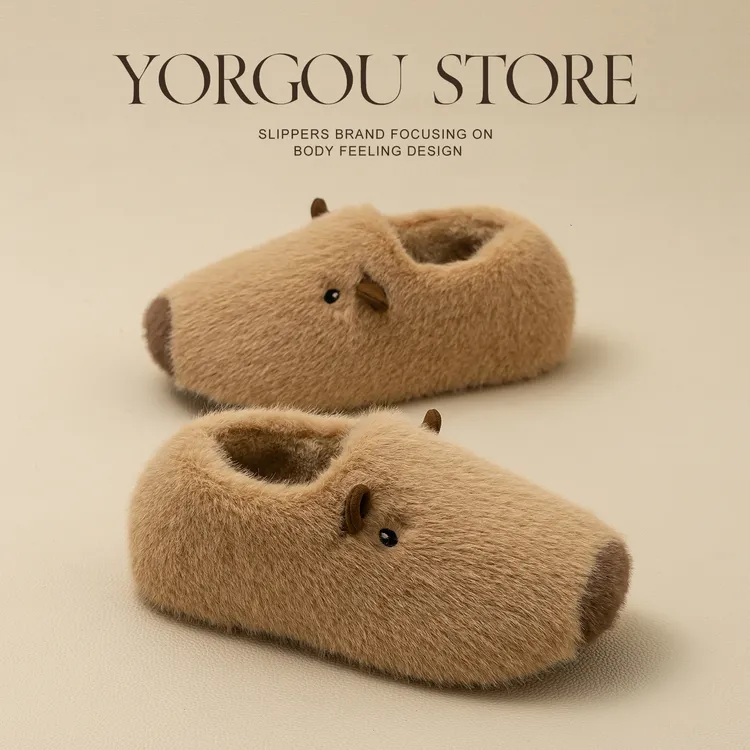 远港卡皮巴拉亲子水豚棉拖鞋卡通情侣保暖居家牛筋底毛绒包跟防滑