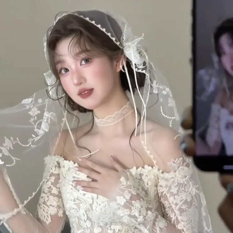 1390新娘软纱森系蕾丝婚礼甜美风头纱