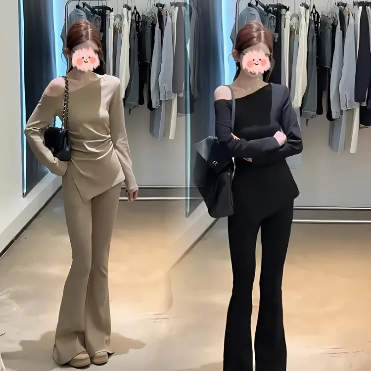 时尚气质纯欲斜肩上衣微喇裤子套装女2025春季新款显瘦两件套女装