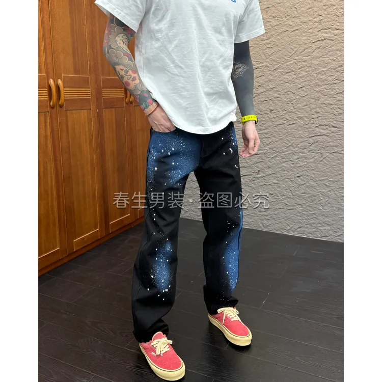 2025秋冬新款时尚休闲百搭直筒宽松无弹印花泼墨男士牛仔裤3093