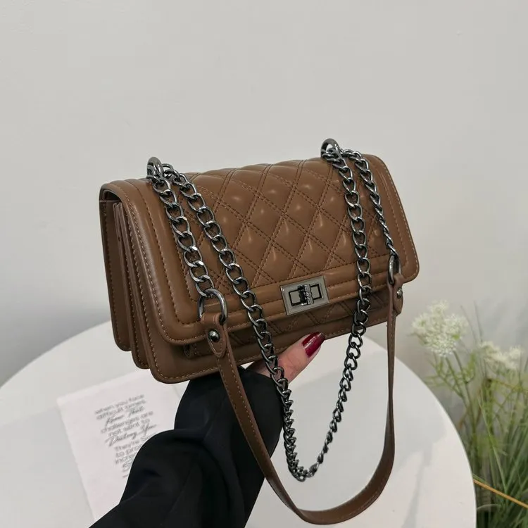 简约小包包2025新款潮春季时尚链条单肩女包菱格绣线斜挎百搭方包