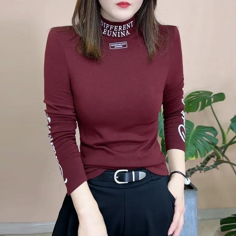 德绒大码加绒保暖半高领打底衫女秋冬季2025新款宽松显瘦长袖上衣