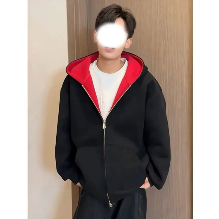 重磅连帽卫衣外套秋冬男生宽松休闲拼色开衫时尚外套男款春秋上衣