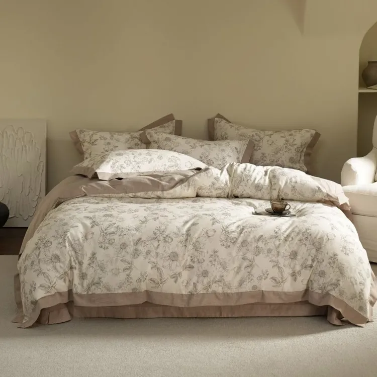 实体款 秋冬全棉保暖四件套美式复古印花被套亲肤裸睡纯色床单