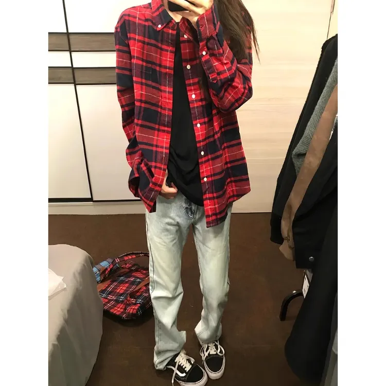 红色格子长袖衬衫男款夏季ootd穿搭宽松大码衬衣美式复古休闲外套