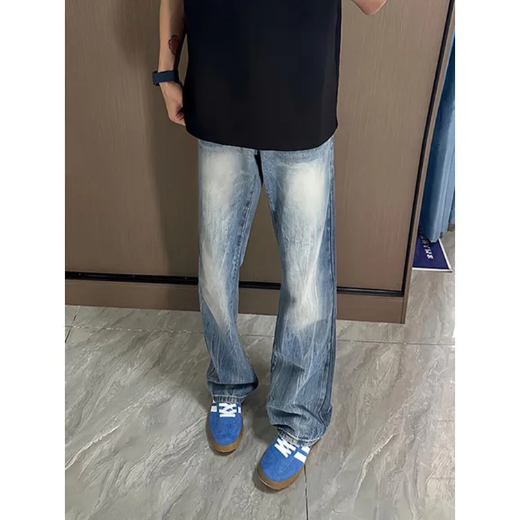 磨白闪电纹牛仔裤男夏季薄款vibe裤子美式高街显瘦显腿长微喇叭裤