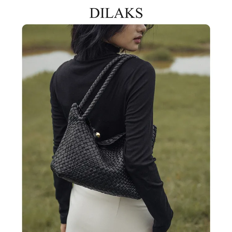 DILAKS迪莱克丝真皮菜篮子包轻奢羊皮编织包大容量时尚手提斜挎包