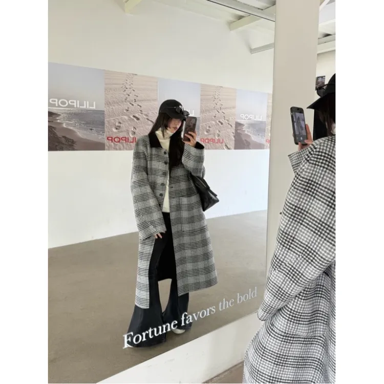 HELLOTANGO《格纹DNA》小众复古经典两面穿长款撞色格子大衣24808#