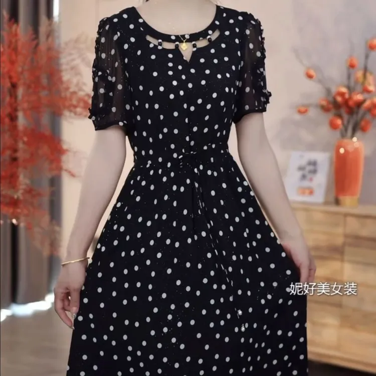 高档轻羽丝波点优雅气质礼服裙子2025夏季新款遮肚显瘦减龄连衣裙