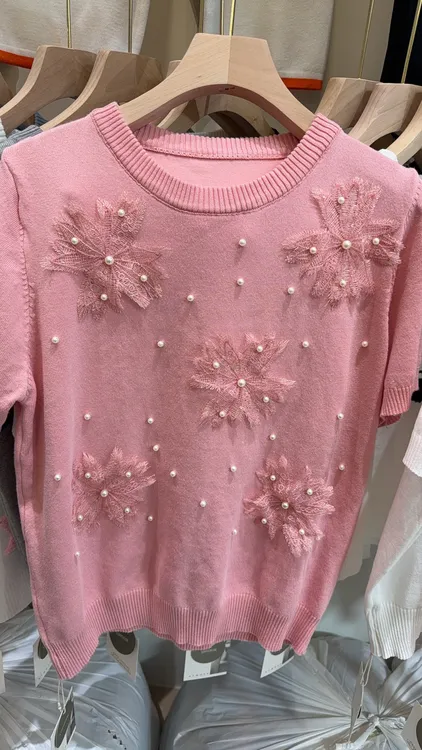 法式小香重工钉珠针织衫短袖女新款气质圆领