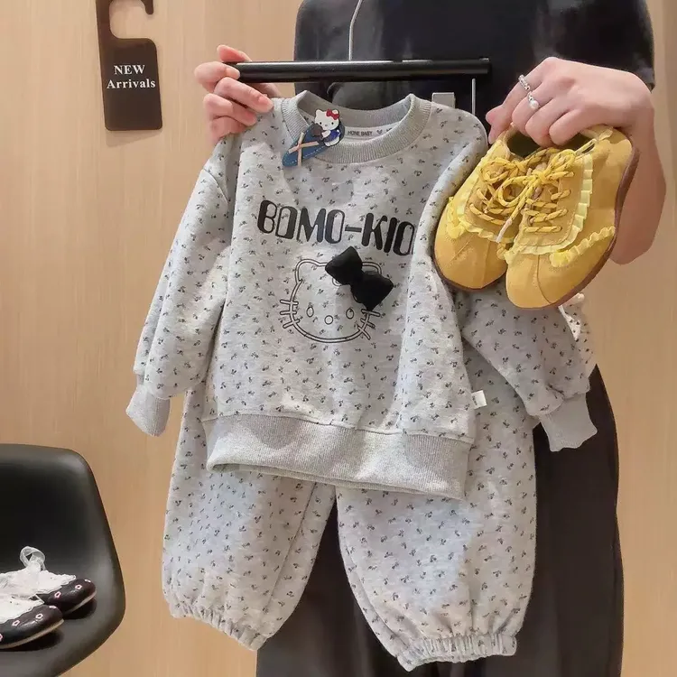 女童卡通印花加绒加厚碎花两件套2025冬季新款卫衣裤套装休闲百搭