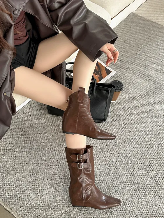 2025秋冬新款方头内增高后拉链两穿时装靴薄绒气质百搭时尚