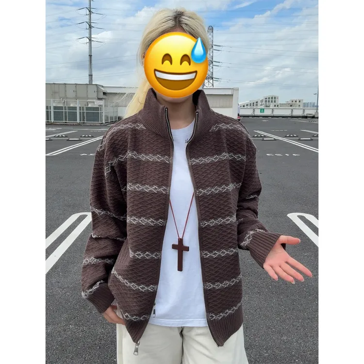 复古条纹立领拼接针织衫男秋季美式宽松休闲毛衣百搭开宽松衫外套