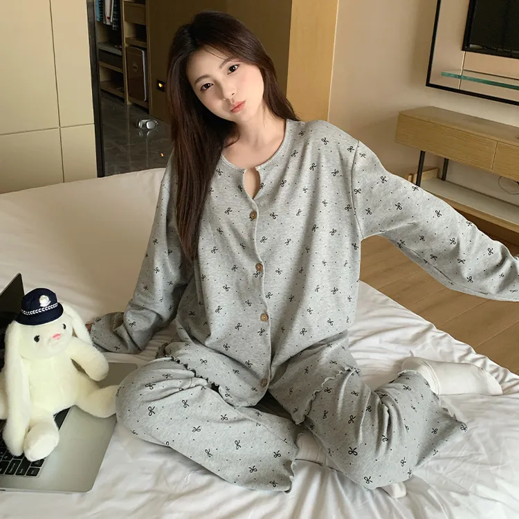 纯棉睡衣女春秋季长袖开衫休闲套装薄款全棉秋季家居服