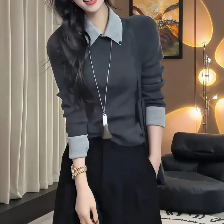 秋冬穿搭撞色翻领假两件针织衫女2025新款今年流行内搭打底衫上衣