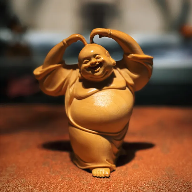 黄杨木文玩手把件爱心笑脸大肚弥勒佛菩萨佛像摆件工艺品木雕笑佛
