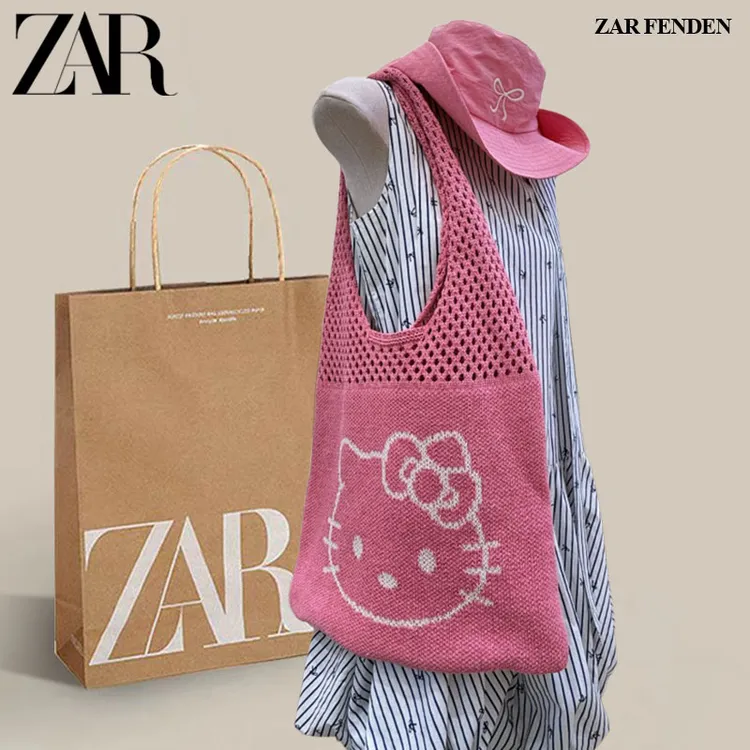 ZAR FENDEN宅女同款纯色kitty单间网兜针织包可爱童趣度假包