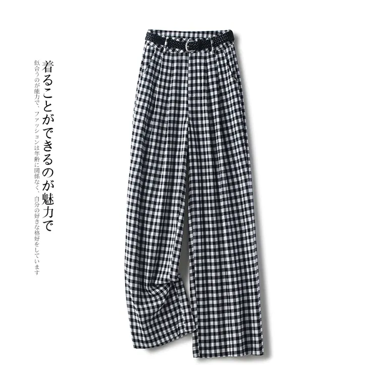 拉夏贝尔黑白格子阔腿裤女2025夏薄款直筒冰丝休闲垂感拖地