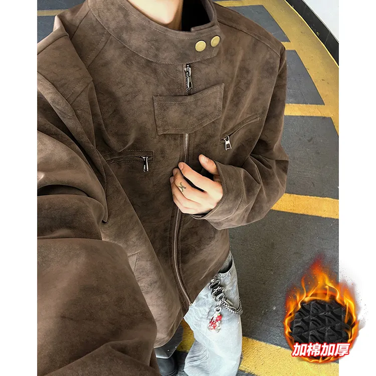 加棉加厚美式正肩皮衣外套男款秋冬季复古痞帅立领机车pu皮夹克男