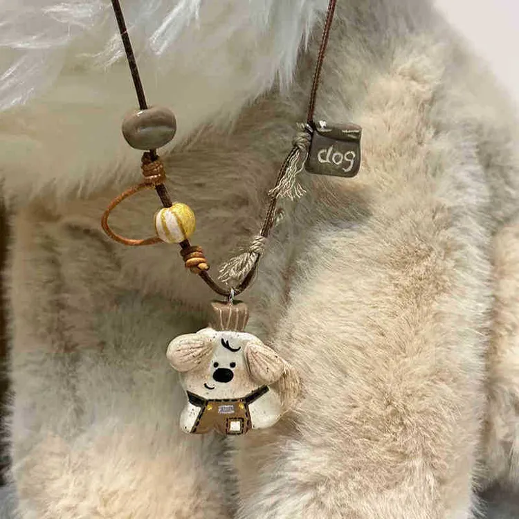 非金属树脂吊坠 小狗咖啡师 长链编绳百搭项链锁骨链可爱吊坠项链