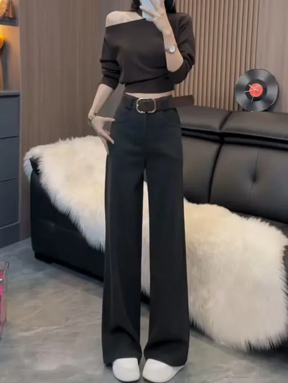 秋冬季新款毛呢拖地裤气质高腰直筒垂坠感休闲阔腿裤（带腰带 ） 