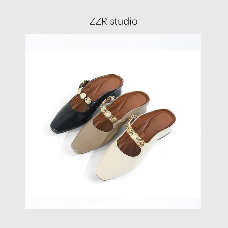 ZZR复古老钱风设计感单鞋女新款百搭极简一脚蹬方头粗跟穆勒鞋