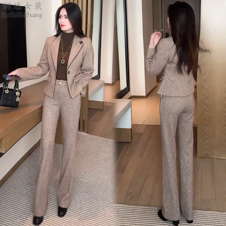 轻职风时尚套装女2025秋季新款小个子西装领短外套长裤两件套通勤