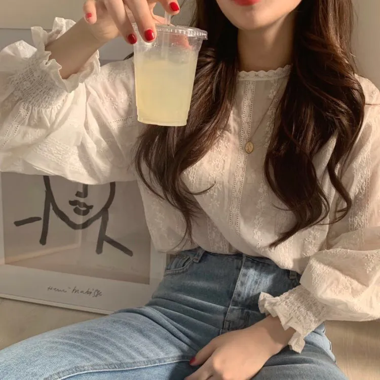 2025纯棉韩国ins甜美系少女小清新减龄蕾丝提花灯笼长袖