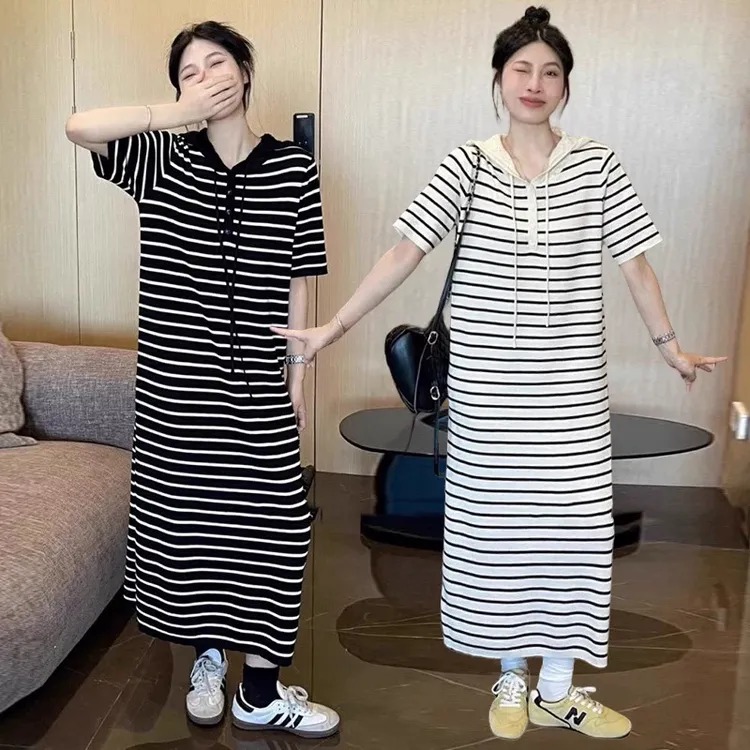 新款休闲条纹连帽短袖连衣裙春夏季节必备