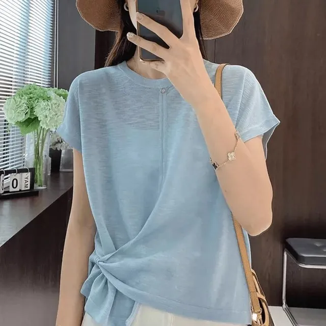 不规则蓝色冰丝短袖t恤女2024新款爆款夏季时尚洋气薄款针织上衣