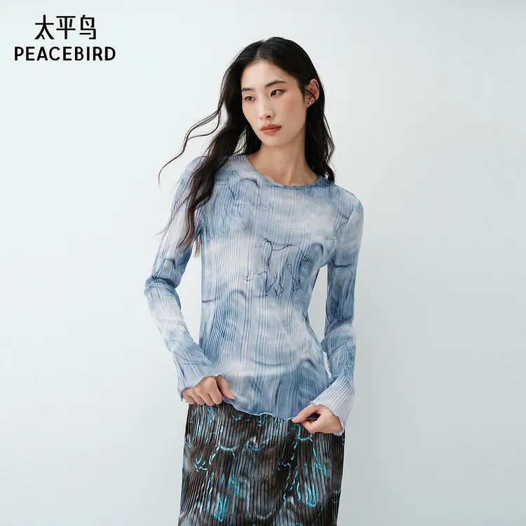 【商场同款】太平鸟海浪小象纹样压褶工艺时尚修身上衣A3CDG2329