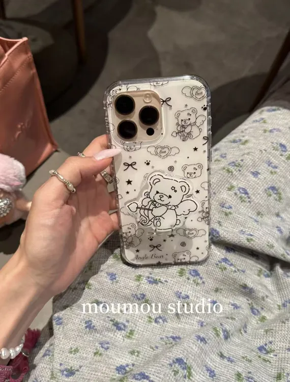 可爱白底线条射箭天使小熊圆边双层苹果16promax/15/14/13手机壳