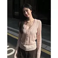 纯色镂空套头针织衫韩系早秋松弛感穿搭v领温柔粉色上衣