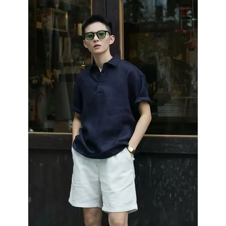 藏青色老钱风亚麻polo衫短袖男士夏季松弛感t恤轻薄速干棉麻半袖