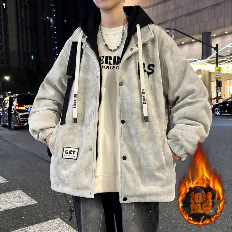 假两件加绒外套男秋冬季新款灯芯绒连帽夹克宽松休闲加厚上衣服