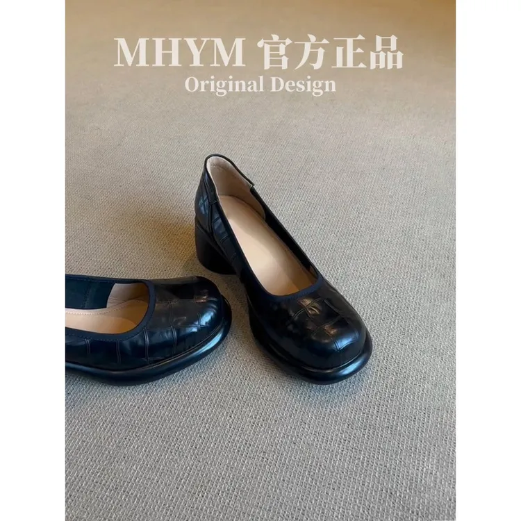 MH官方法式圆头高跟鞋女通勤浅口粗跟单鞋气质一脚蹬玛丽珍鞋子