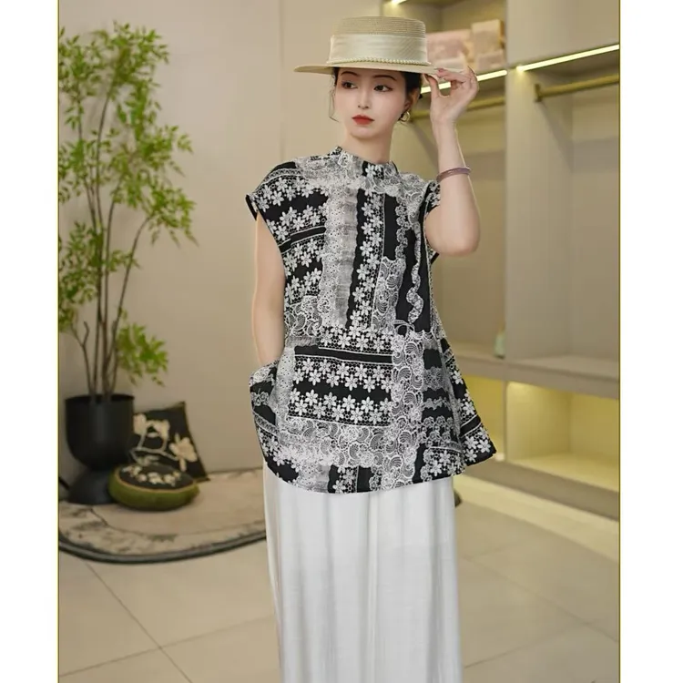 D999-2946【蔷薇LLB】夏季新款复古印花立领无袖衬衫国潮背心上衣女