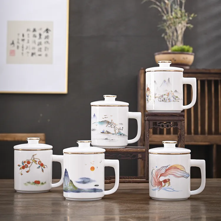 高档大号羊脂玉办公陶瓷茶杯大容量茶水分离泡茶杯会议杯带盖水杯