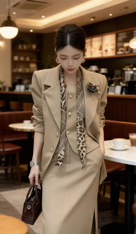 2025秋季轻奢风休闲西装外套+马甲+开叉半身套装裙三件套（送丝巾）