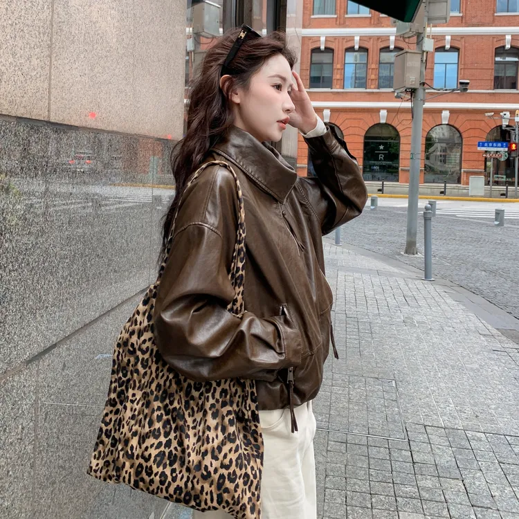 咖色复古时髦PU皮衣外套女2025秋季高级感酷飒风小个子机车服夹克