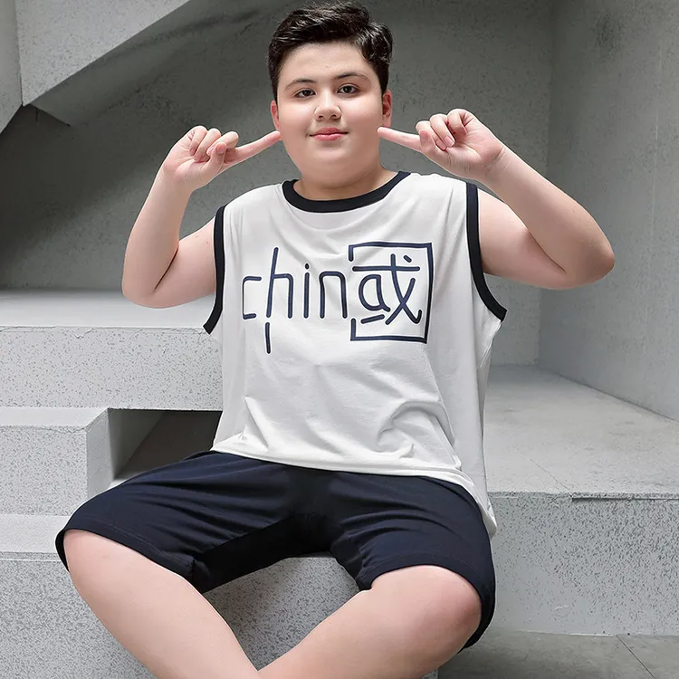 睡衣童夏季加大智慧男生胖童背心短裤莫代尔家居服男孩高档套装